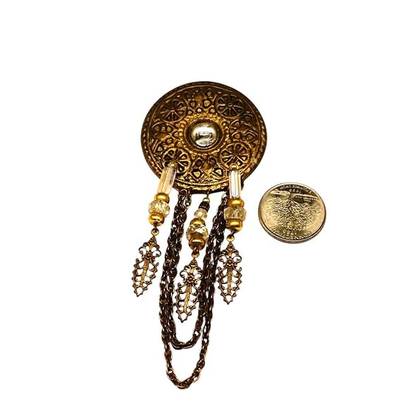 Vintage Ornate Brass Brooch With Chain & Bead Dangles - Picture 3 of 7